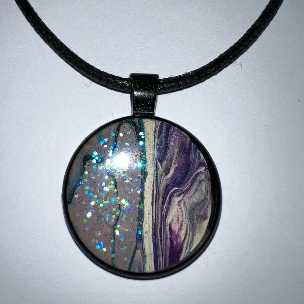 Elegant Black and Purple Acrylic Pour Pendant Necklace